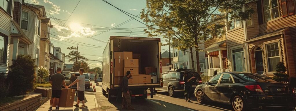 a bustling urban moving scene showcases individuals efficiently packing labeled boxes into a large moving truck, with a backdrop of a modern millstone, nj neighborhood highlighting the organized chaos of relocation preparation.