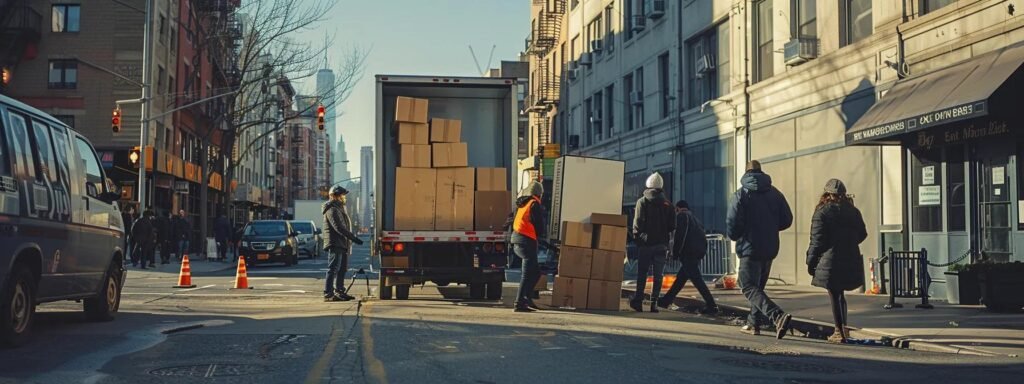 a bustling urban moving scene captures a diverse team of professionals efficiently packing boxes into a sleek moving truck, showcasing their commitment to safety and organization amidst a vibrant new jersey backdrop.