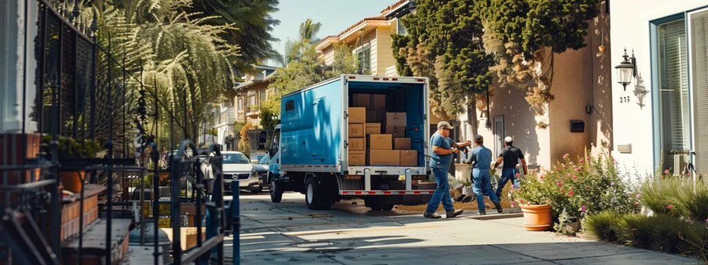 a bustling urban moving service captures a team of professionals meticulously packing high-quality boxes and protective materials into a bright blue moving truck amid the organized chaos of a residential relocation.