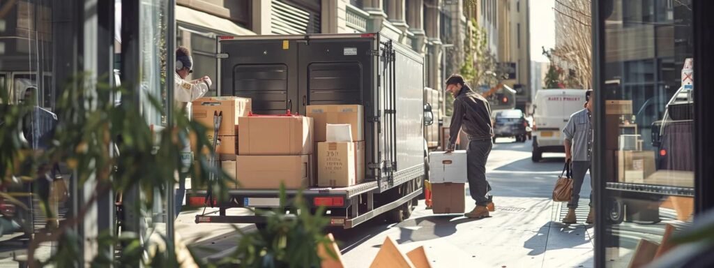 a bustling urban moving site features a team of professional movers expertly packing sturdy boxes into a sleek, branded moving truck, all under the watchful eye of a safety supervisor, conveying a strong commitment to quality and insurance compliance.