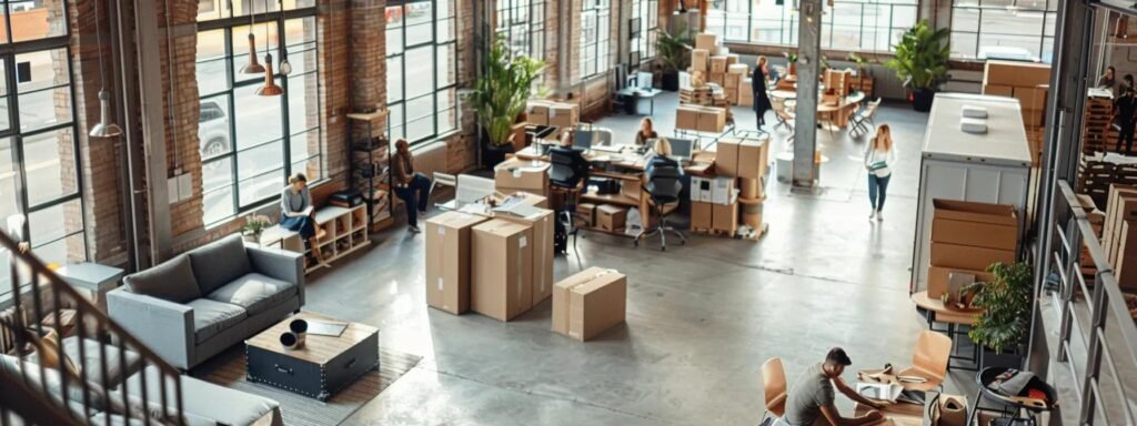 a bustling urban office environment showcases a focused team navigating the step-by-step permit application process while surrounded by packing boxes and moving trucks, illustrating the blend of meticulous planning and active relocation efforts.