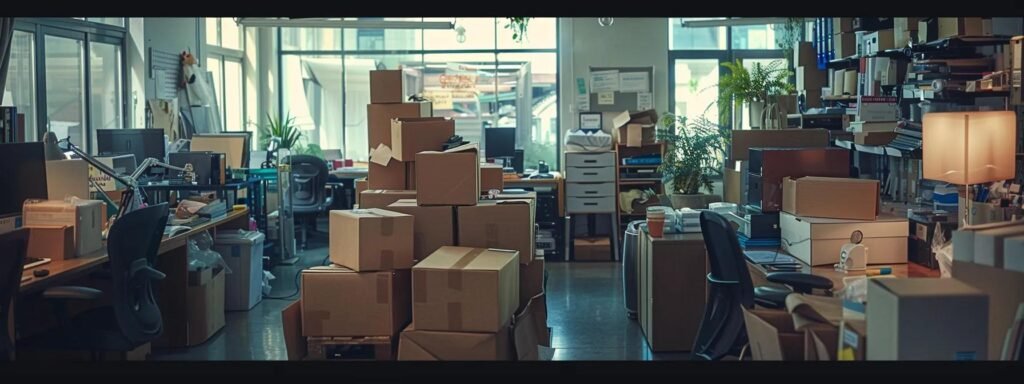 a bustling urban office filled with moving boxes and organized packing supplies, showcasing a team of professionals expertly coordinating a seamless relocation process.