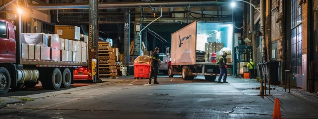 a bustling urban office loading dock, filled with dedicated movers efficiently packing specialized equipment and office furniture into sleek, professional moving trucks under bright artificial lighting, illustrating the seamless transition of commercial relocation.