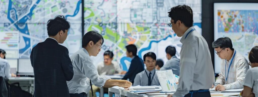 a bustling urban office scene showcases a diverse team of professionals strategically collaborating over detailed maps and documentation, emphasizing the complexities of international moving logistics and customs clearance processes.