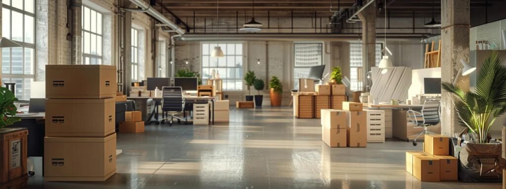 a bustling urban office setting showcases a professional moving team efficiently coordinating a diverse range of moving services, with boxes, packing materials, and an organized workspace emphasizing the comprehensive nature of their solutions.