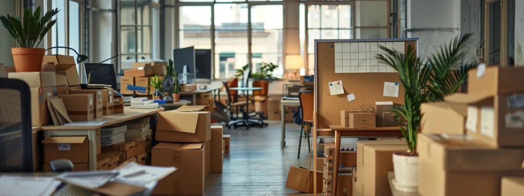 a bustling urban office space filled with organized boxes, packing supplies, and a detailed checklist pinned on a corkboard, showcasing professionals strategically preparing for an efficient local move.