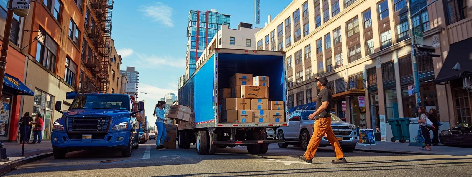 a bustling urban scene captures a moving company in monmouth beach, nj, with professional movers efficiently loading stacked boxes into a sleek, brightly colored truck against a backdrop of vibrant city architecture.