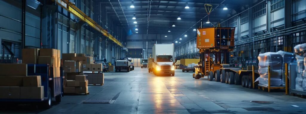 a bustling urban scene captures a moving company in long branch, nj, with professionals energetically packing boxes into sleek, modern trucks under the glow of bright overhead lights in a busy warehouse setting.