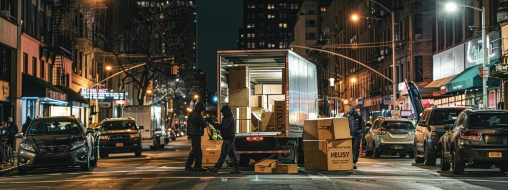 a bustling urban scene depicts a moving company in matawan, nj, with professional movers expertly packing and loading sturdy cardboard boxes into a large truck amidst the backdrop of a busy city street, illuminated by bright overhead lights that highlight the organized chaos of the move.