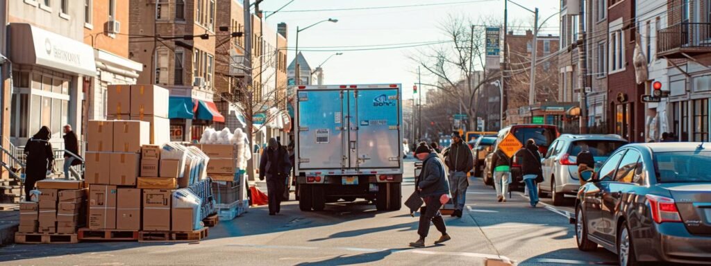 a bustling urban scene shows a professional moving company in ocean, nj, with workers efficiently packing and loading an array of colorful boxes into a parked moving truck against a backdrop of a vibrant city street.