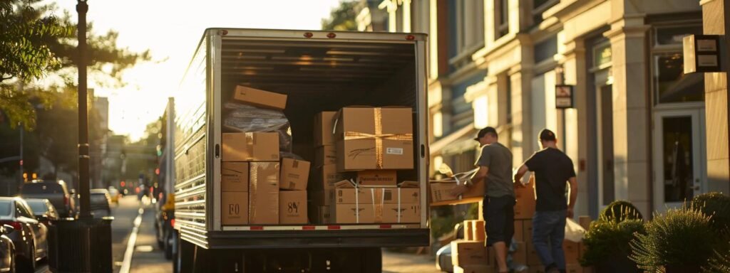 a bustling urban scene unfolds in long branch, nj, showcasing a professional moving team efficiently packing boxes into a sleek moving truck, encapsulating the seamless transition of residential moving services with vibrant energy and a clear focus on teamwork and organization.