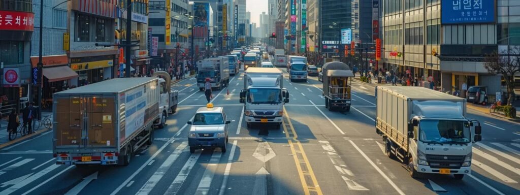 a bustling urban street during peak hours showcases a fleet of large moving trucks strategically parked, with determined movers efficiently loading and unloading heavy boxes while coordinating with local authorities to ensure compliance with intricate permitting regulations.