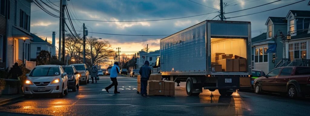 a bustling urban street in manasquan, nj, showcasing a dynamic moving company scene with energetic workers efficiently loading neatly packed boxes into a vibrant moving truck under bright artificial lighting.