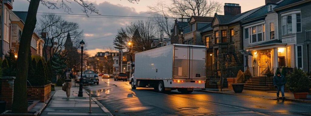 a bustling urban street in rumson, nj, showcases a modern moving truck parked outside a stylish residence, with movers efficiently loading furniture under bright overhead lighting.