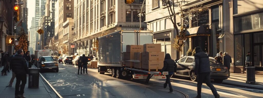a bustling urban street scene features energetic movers efficiently loading packed boxes into a sleek moving truck, showcasing organized chaos and strategic teamwork for a seamless local moving experience.
