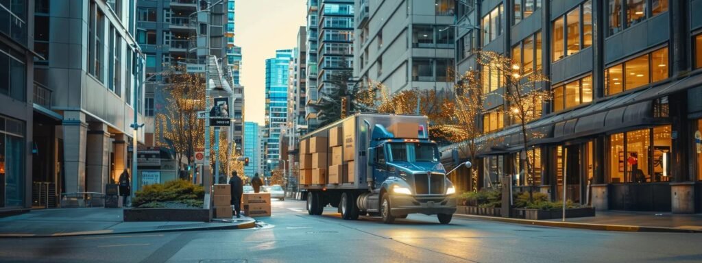 a bustling urban street scene showcases a professional moving company efficiently loading boxes into a large moving truck, surrounded by high-rise buildings, as city officials enforce local permit guidelines to streamline each relocation amidst the busy traffic.
