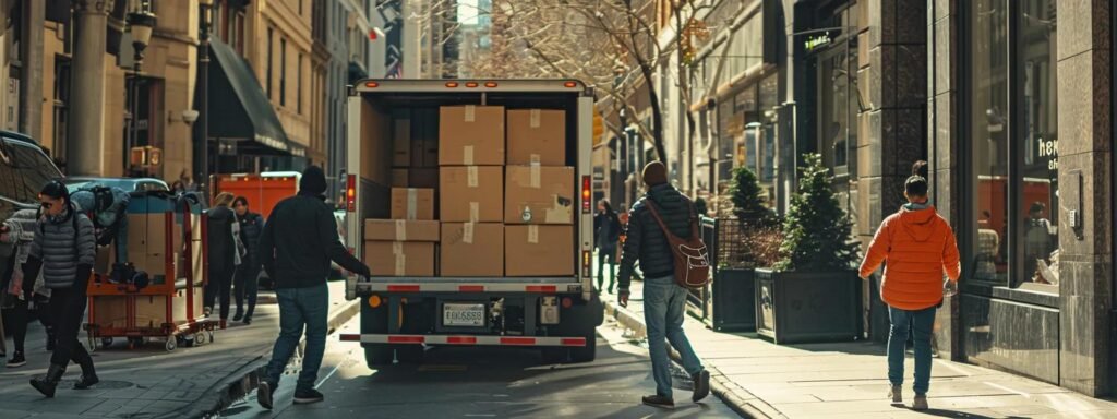 a bustling urban street scene showcases individuals efficiently coordinating the relocation of packed boxes into a moving truck, with municipal offices and resource centers in the backdrop, emphasizing the importance of local agencies in navigating moving regulations.