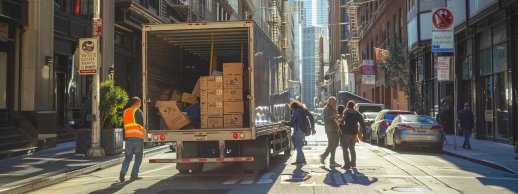 a bustling urban street scene captures a team of focused movers efficiently loading neatly stacked boxes into a large moving truck, with visible permit signage ensuring adherence to regulations prominently displayed in the background.