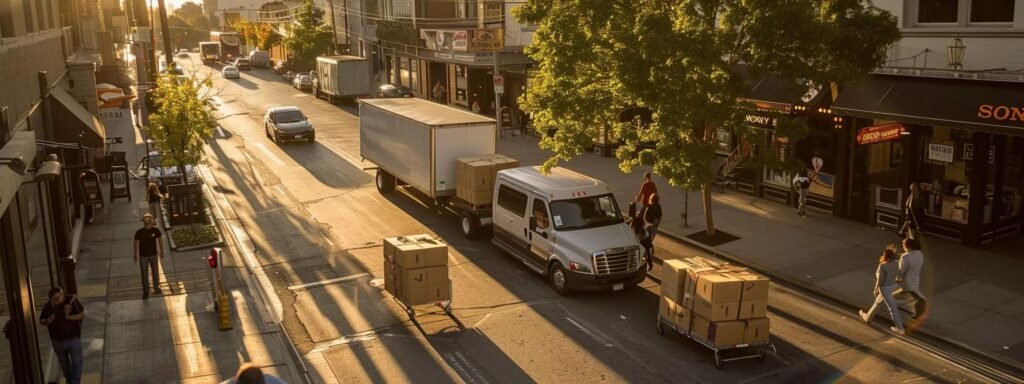 a bustling urban streetscape showcases a moving truck parked in a no-parking zone, with individuals efficiently packing boxes into the vehicle, reflecting the critical importance of local moving permits and guidelines for maintaining traffic order.