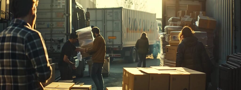 a bustling warehouse scene captures professionals efficiently coordinating the loading of packed boxes into a moving truck, with a prominent display of compliance documents visibly organized on a nearby table, highlighting the intersection of operational success and regulatory adherence in the moving industry.