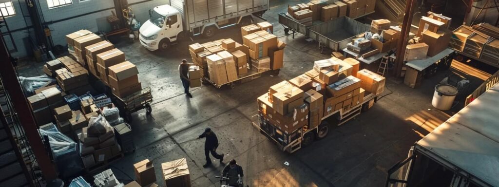 a busy moving company warehouse is filled with movers efficiently packing boxes into a large truck, surrounded by labeled insurance documents and bonding certificates prominently displayed on a nearby office desk, embodying the critical importance of financial security and compliance in the industry.
