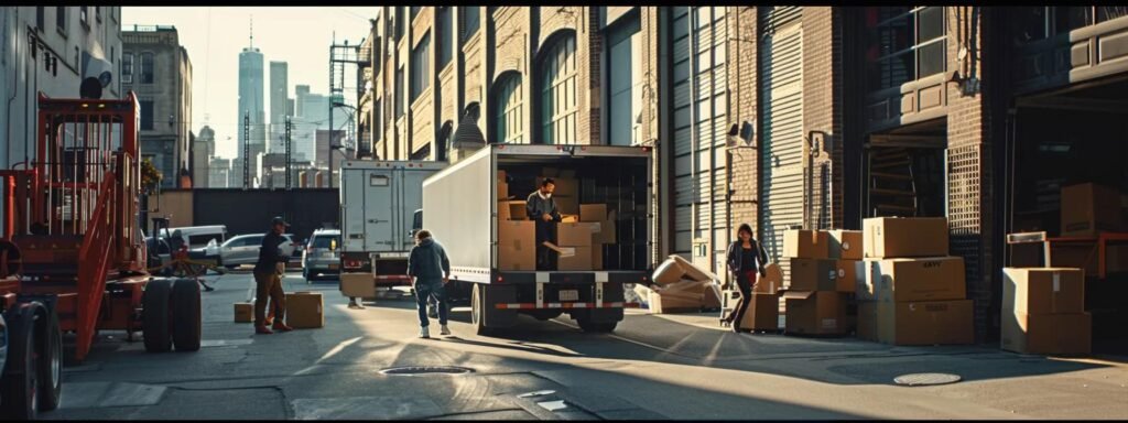 a busy urban loading dock showcases professional movers efficiently packing boxes into a sleek, branded truck, highlighting a seamless, technology-driven relocation process amidst a bustling new jersey backdrop.