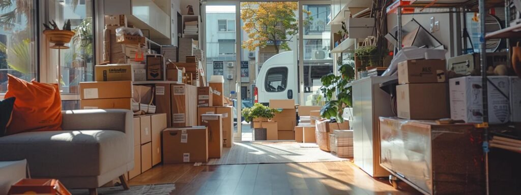 a busy urban moving scene captures a team of professional movers efficiently packing boxes into a modern, well-maintained truck, surrounded by a neatly organized apartment with labeled boxes and furniture ready for transport.