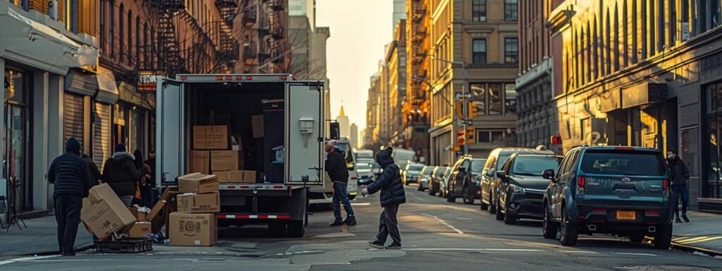 a busy urban moving scene captures professional movers expertly packing boxes into a sleek, modern truck, showcasing organized efficiency and attention to detail in the relocation process.