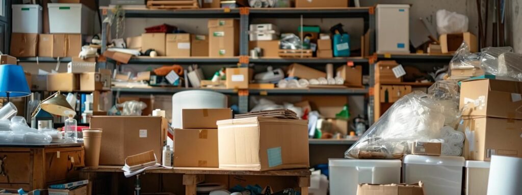 a cluttered yet organized packing station in a modern office, featuring neatly labeled boxes, bubble wrap, and essential packing supplies under bright, overhead lighting, emphasizing the importance of effective relocation strategies.