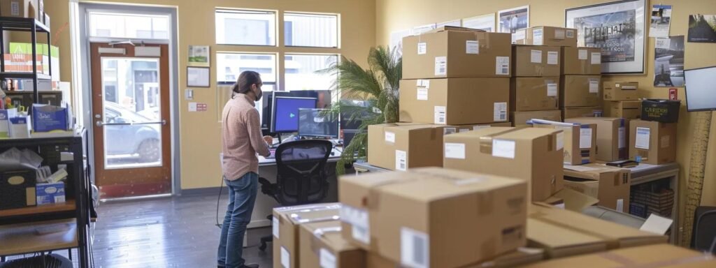 a cozy, urban moving company office is bustling with activity as a friendly team member consults with a customer in a welcoming setting, showcasing personalized service and advanced technology for seamless local relocations.