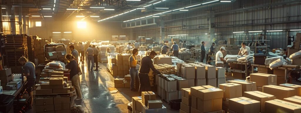 a dynamic indoor scene captures a bustling moving company headquarters in middletown, nj, where diverse team members efficiently pack and organize an array of boxes amidst stacks of moving supplies, all under bright artificial lighting that accentuates the action and urgency of the busy environment.