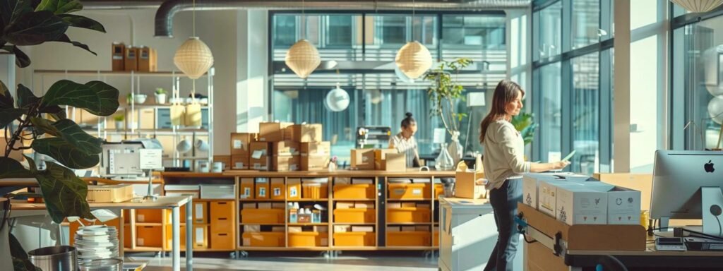 a dynamic, modern office space bustling with professionalism, showcasing a move coordinator engaged in a strategic planning session with clients while packing supplies are neatly arranged in the background, emphasizing the seamless organization of the moving process.