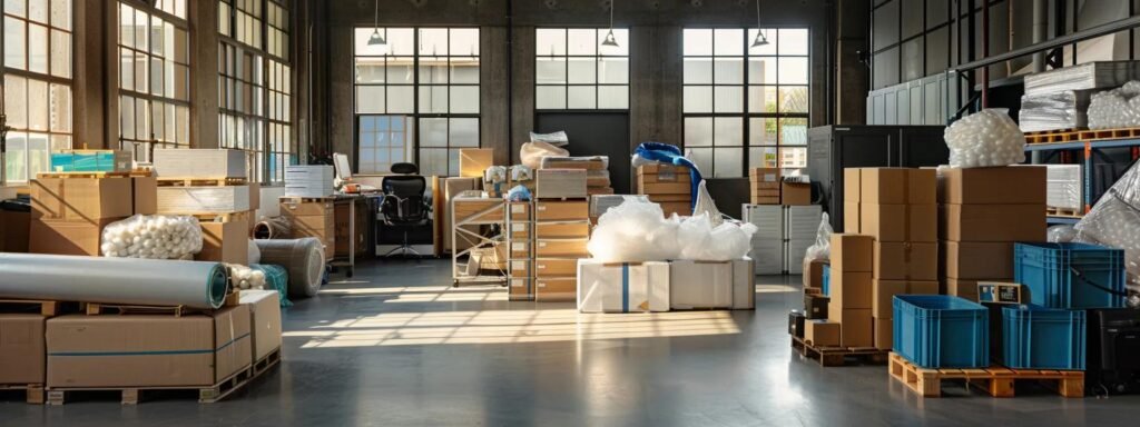 a dynamic office environment showcases a neatly organized packing station, featuring an array of smart packing materials like robust cardboard boxes, protective bubble wrap, and cushioning packing peanuts, all ready for efficient and secure shipping operations.