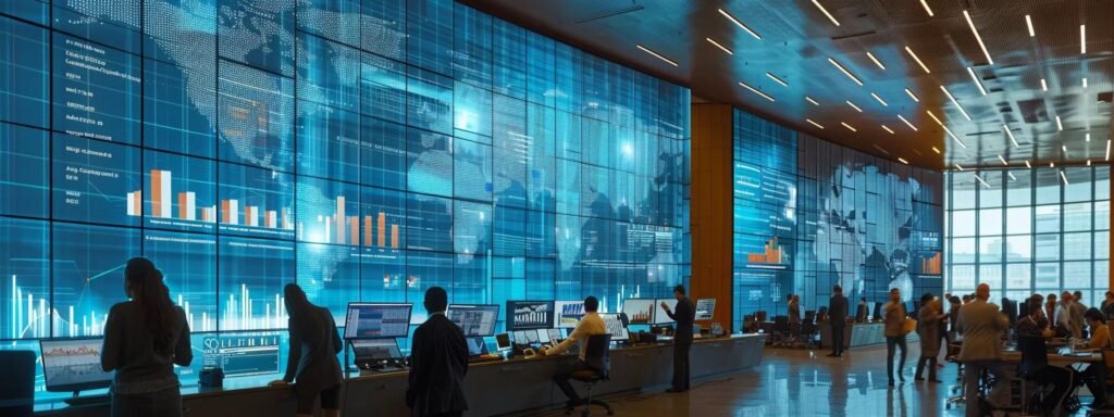 a dynamic office scene captures a diverse group of professionals intently discussing moving logistics, surrounded by charts and service evaluations on a large screen, emphasizing the importance of efficiency and customer experiences in the moving industry.
