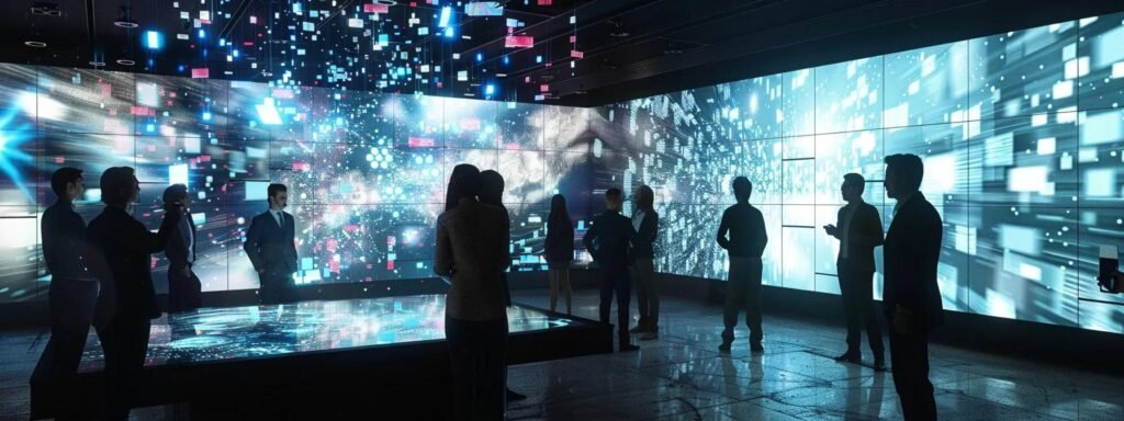 a dynamic office scene showcases a diverse group of professionals engaged in animated discussion around a sleek conference table, surrounded by screens displaying innovative ai prompts, emphasizing the creativity and collaboration essential for crafting compelling copy.
