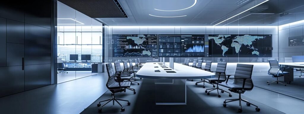a dynamic office space filled with sleek, modern furniture showcases a vibrant brainstorming session, with creative minds engaged in lively discussions over digital displays highlighting innovative ai writing strategies.