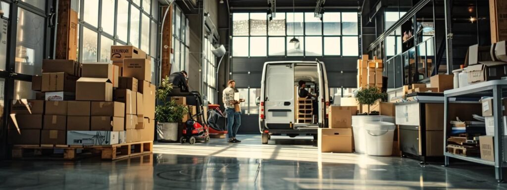 a dynamic scene in a bustling urban moving company office showcases a skilled team of professionals efficiently packing boxes into sleek moving trucks, highlighting their expertise and attention to detail amid a backdrop of organized chaos.