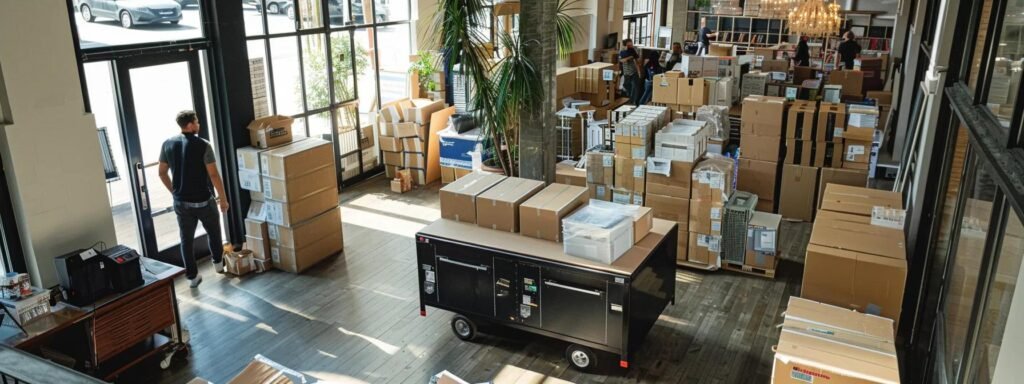 a dynamic urban moving company office is bustling with activity as professional movers efficiently pack and load a variety of household items into well-organized trucks, underscoring the comprehensive and expert services offered for stress-free interstate relocation.