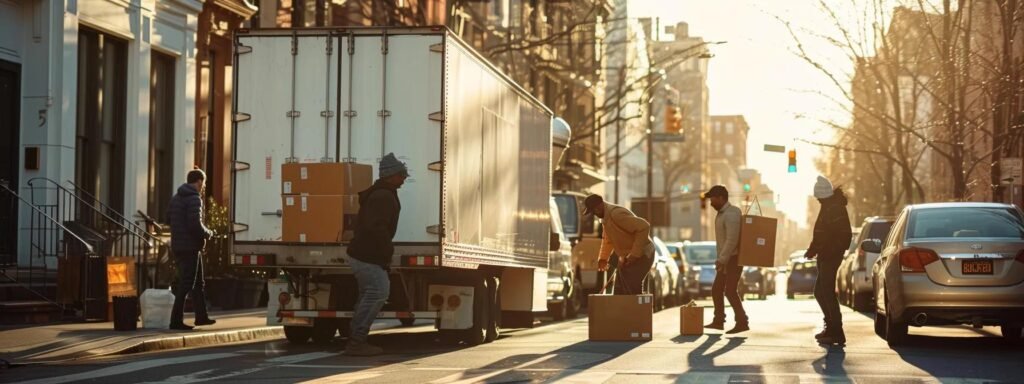 a dynamic urban moving scene captures a diverse group of professional movers efficiently packing boxes into a sleek, modern truck against the backdrop of a bustling neptune, nj, highlighting their commitment to a seamless and community-focused moving experience.