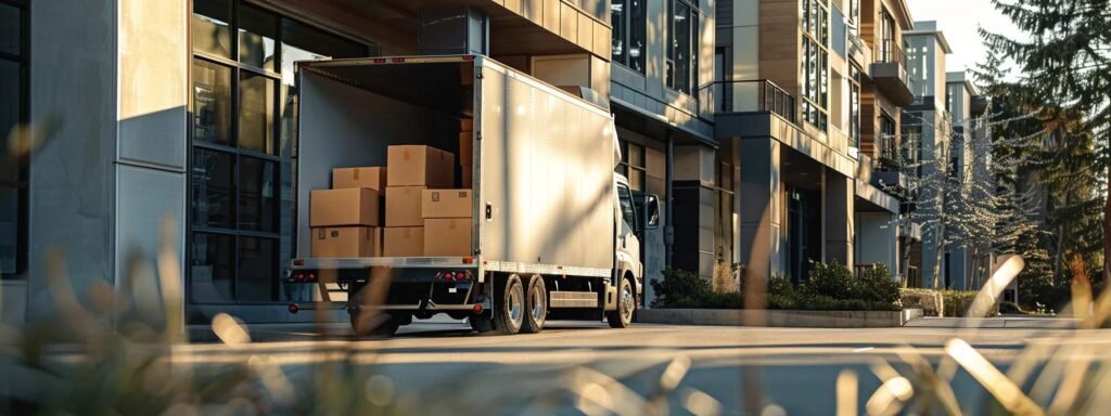 a dynamic urban moving scene showcases professional movers efficiently loading a variety of packed boxes into a sleek moving truck outside a modern apartment building, emphasizing the company's commitment to reliability and customer satisfaction.