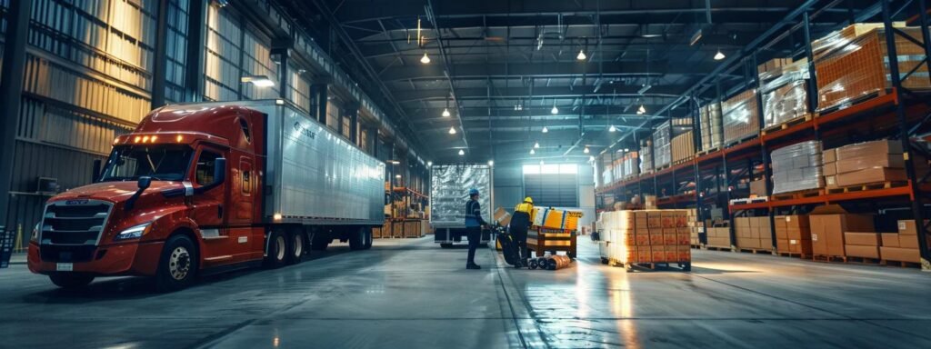 a dynamic urban moving scene inside a well-organized warehouse, showcasing professional movers efficiently loading packed boxes into a sleek moving truck, illuminated by bright overhead lights that highlight their focused teamwork and the variety of box sizes.