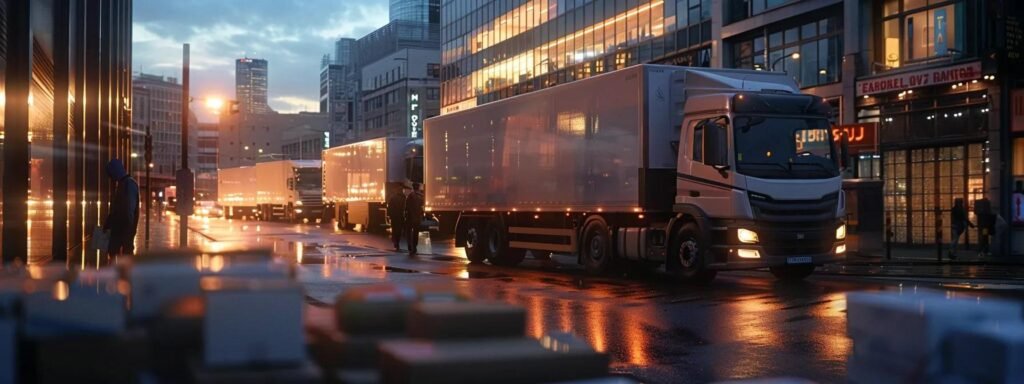 a dynamic urban moving scene showcases a fleet of sleek, modern trucks parked at a bustling city location, while friendly movers efficiently load securely packed boxes, emphasizing the seamless transition and value added by professional service elements.