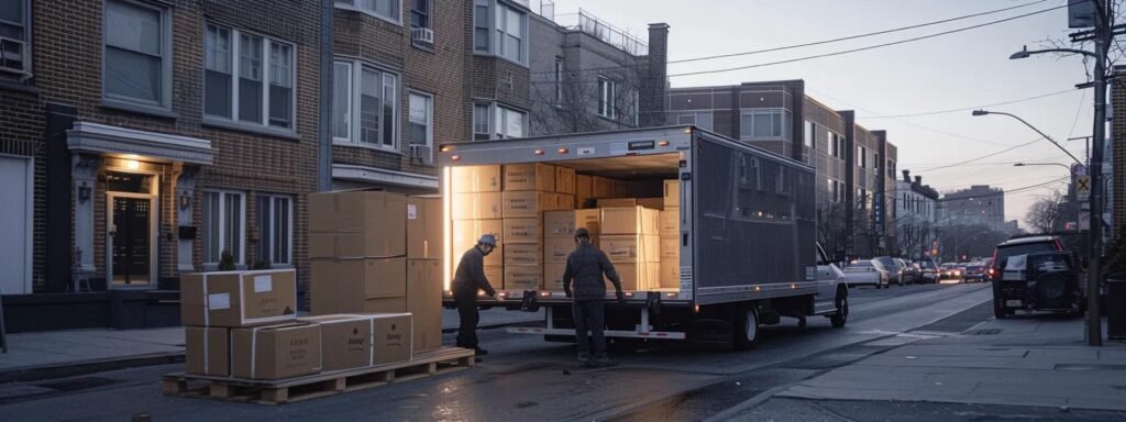 a dynamic urban moving scene captures a professional team of movers skillfully packing boxes into a sleek truck, showcasing their dedication and attention to detail in a bustling millstone, nj setting.