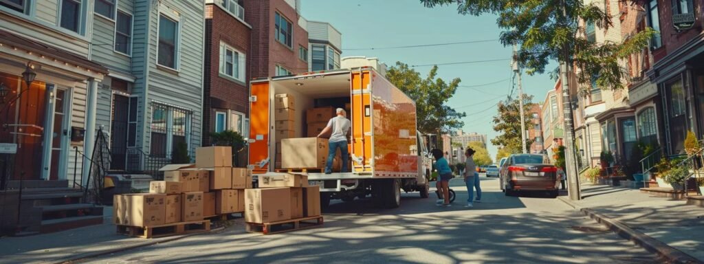 a dynamic urban moving scene captures professional movers efficiently loading meticulously packed boxes into a brightly colored moving truck, showcasing their teamwork and care amidst a bustling neptune, nj neighborhood.