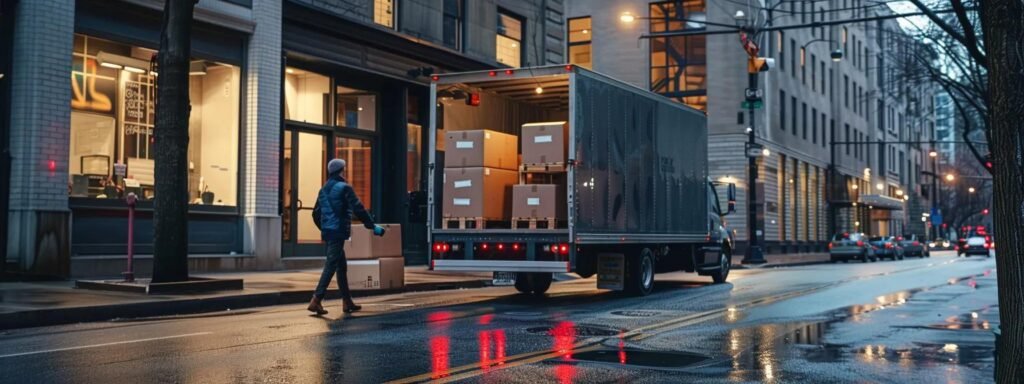 a dynamic urban moving scene captures workers efficiently loading meticulously packed boxes into a sleek, modern moving truck, emphasizing industry safety and compliance with vibrant signage reflecting the commitment to secure and professional service.
