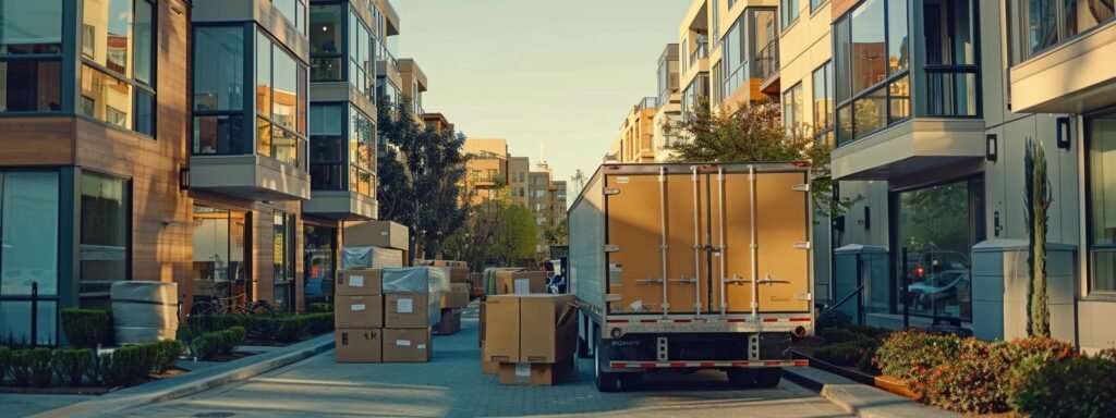 a dynamic urban moving scene showcases a small moving company efficiently loading carefully wrapped furniture into a compact truck, surrounded by an organized apartment complex bustling with energetic activity in a bright, fresh atmosphere.