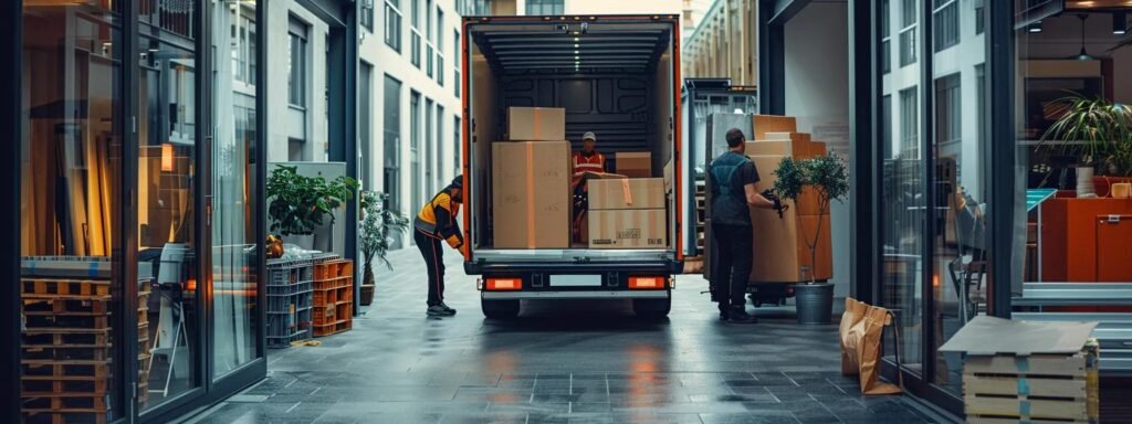 a dynamic urban moving scene captures a team of professionals expertly packing diverse belongings into a modern moving truck, emphasizing their meticulous handling techniques and state-of-the-art equipment under bright interior lighting.