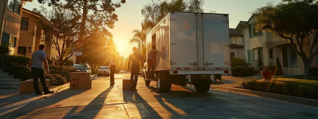 a dynamic urban moving scene captures a team of professional movers efficiently packing and loading neatly organized boxes into a sleek moving truck, highlighting their commitment to customer satisfaction and modern logistics practices.