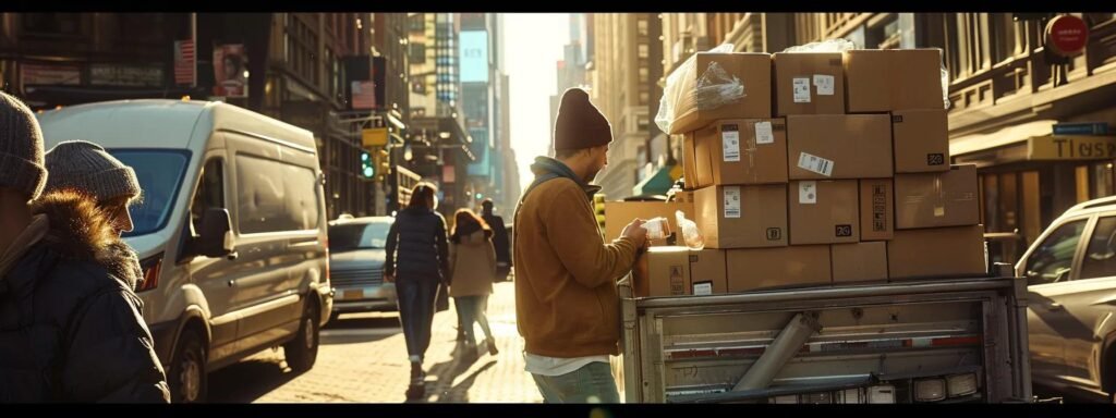 a dynamic urban moving scene captures a diverse team of professionals meticulously organizing packed boxes into a large moving truck while referencing a detailed compliance checklist, all set against a bustling city backdrop with visible regulatory signage.