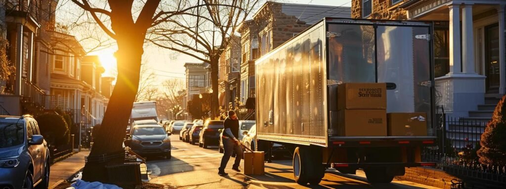 a dynamic urban scene captures a team of professional movers expertly packing boxes into a sleek moving truck, illuminated by warm indoor lighting that highlights their efficient and courteous service in a busy long branch neighborhood.